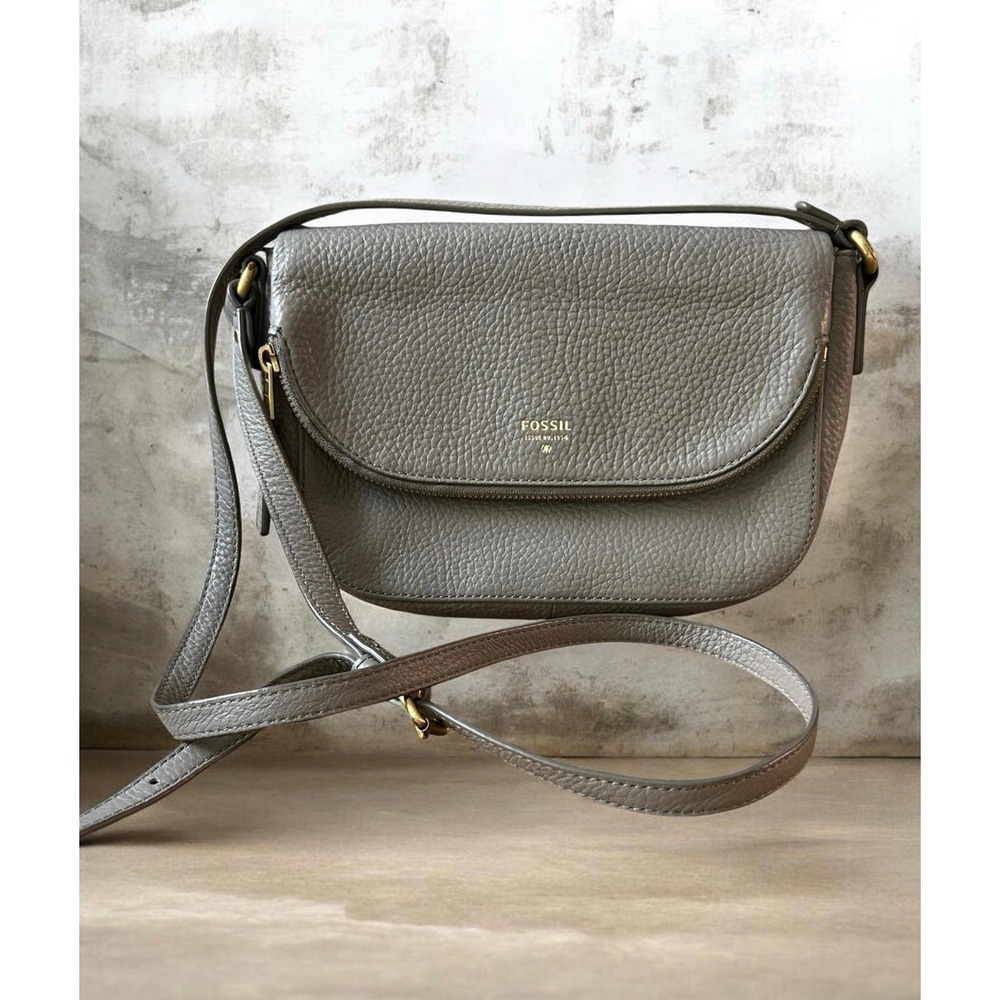Fossil Peyton Large Double Flap Gray Leather Crossbody Shoulder Bag
